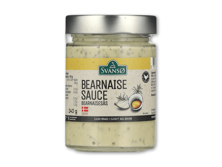 Glas bearnaisesauce, 240 g, med teksten 'GOD MAD I GODT SELSKAB'.