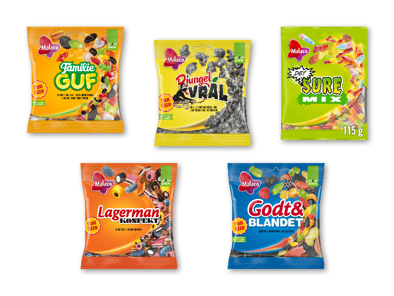 Fem farverige poser med blandede vingummier, lakrids og sure slik.