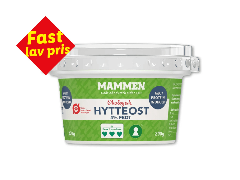 Økologisk hytteost med højt proteinindhold og 4% fedt, 200g, til fast lav pris.