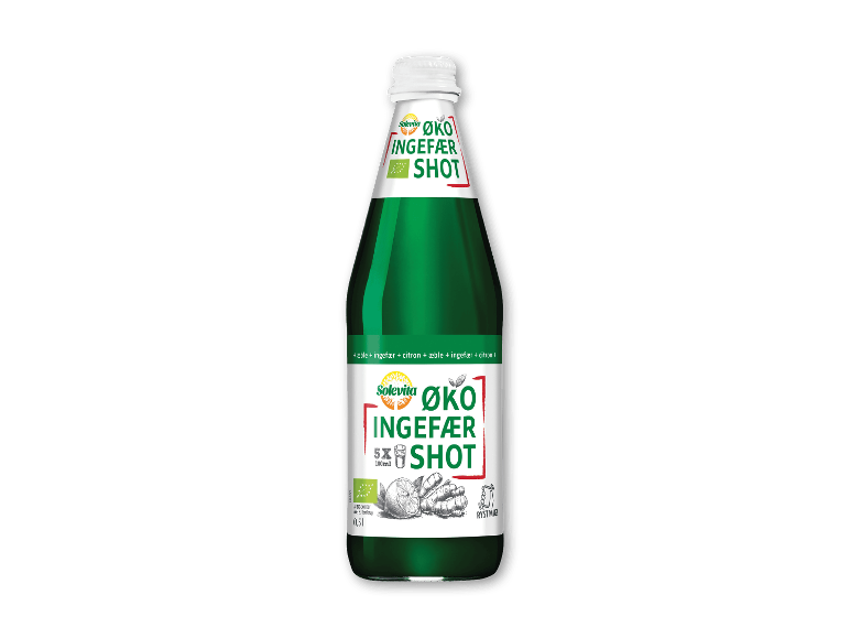 Flaske økologisk ingefærshot med illustrationer af ingefær og citron.