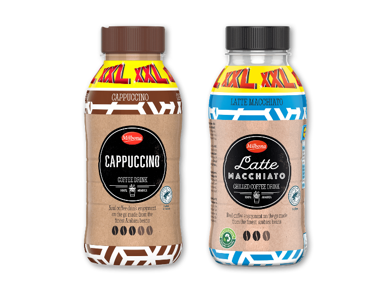 To XXL kaffedrikflasker, en cappuccino og en latte macchiato.