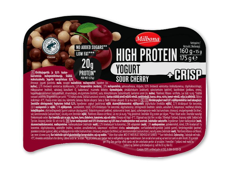 Milbona high protein kirsebæryoghurt med crisp, uden tilsat sukker, lavt fedtindhold.