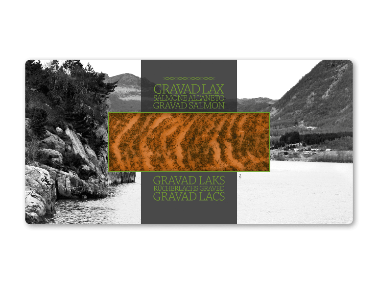 Gravad Laks lakseprodukt med dild, mod et sort-hvidt fjordlandskab.