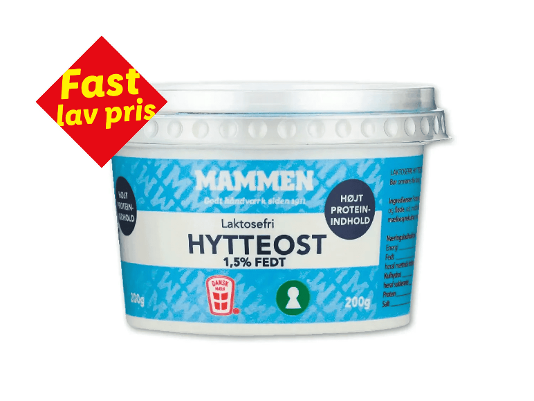 Laktosefri hytteost, 1,5% fedt, 200 g, med højt proteinindhold og lav pris.