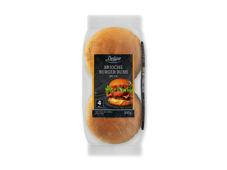 DELUXE Brioche Burger Buns, 4 stk, 300g, med billede af en burger.