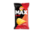 Pose med saltede chips med en bølget chip, sort-rød baggrund, teksten MAX CRUNCH, MAX TASTE.
