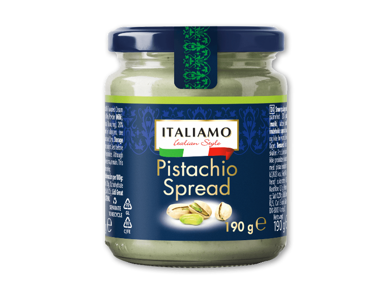 Pistaciesmørepålæg i et glas med blåt låg, med italiensk branding.