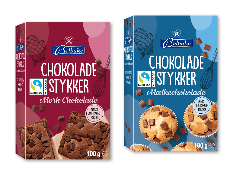 Mørke og lyse chokoladestykker til bagning i 100 g pakning.