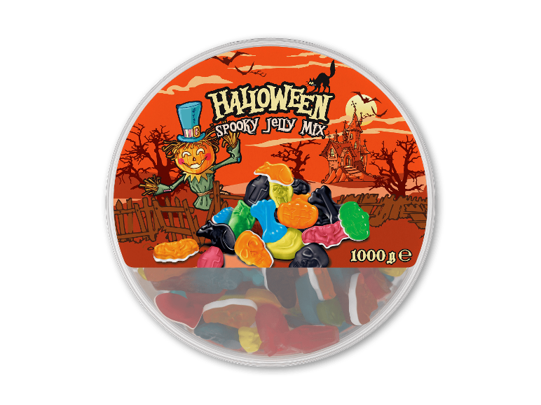 Halloween Spooky Jelly Mix 1000g bøtte med design af fugleskræmsel og spøgelsesslot.