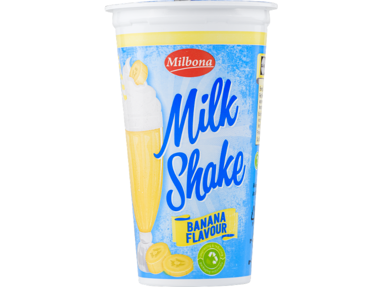 Bananmælkshake i et glas med flødeskum og bananskiver, med teksten 'Milk Shake Banana Flavour'.