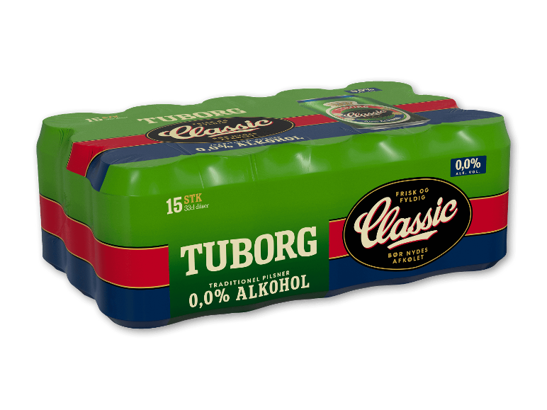 Pakke med 15 dåser alkoholfri øl i grøn og blå folie.