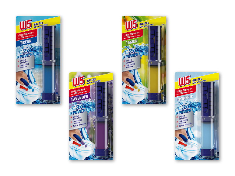 Fire pakker toiletgel-stempler med duftene Ocean, Lavender, Lemon og Hygienic.