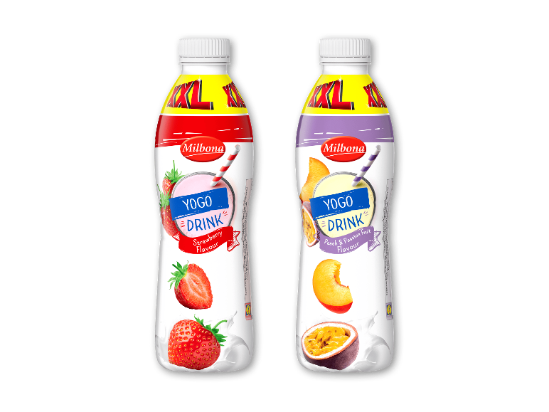 Milbona Yogo Drink XXL drikkeyoghurt med smag af jordbær samt fersken og passionsfrugt.