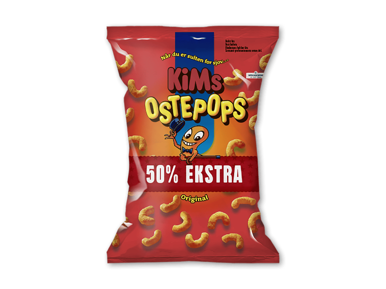 Rød pose ostesnacks med teksten '50% EKSTRA Original'.