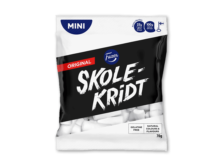 Minislikpose med teksten 'Original Skolekridt', gelatinefri, naturlige farver og smagsstoffer.