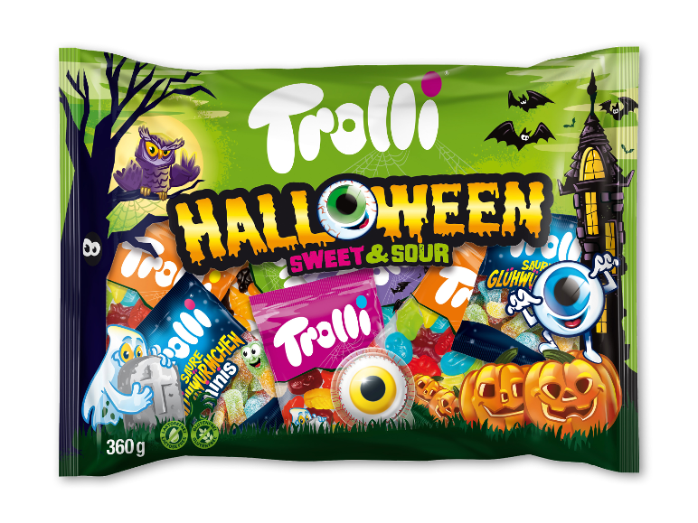 Trolli Halloween Sweet & Sour vingummiblanding i en uhyggelig indpakning.