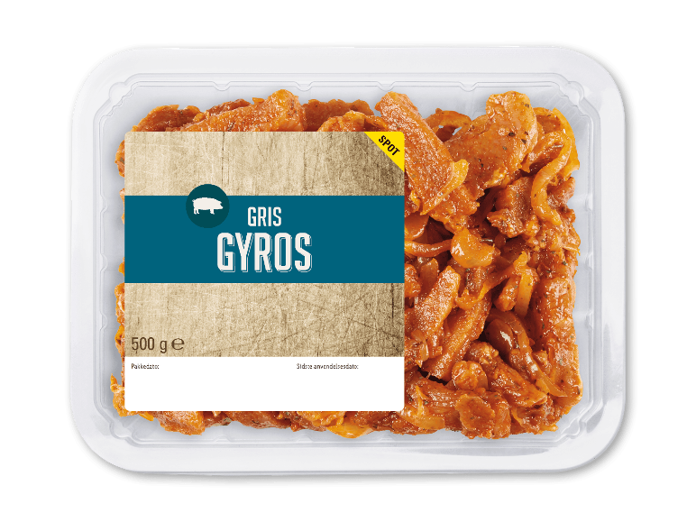 Pakke med marineret svinegyros med løg, 500g.