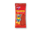 Rød pakke med lange vingummistænger med jordbærsmag.