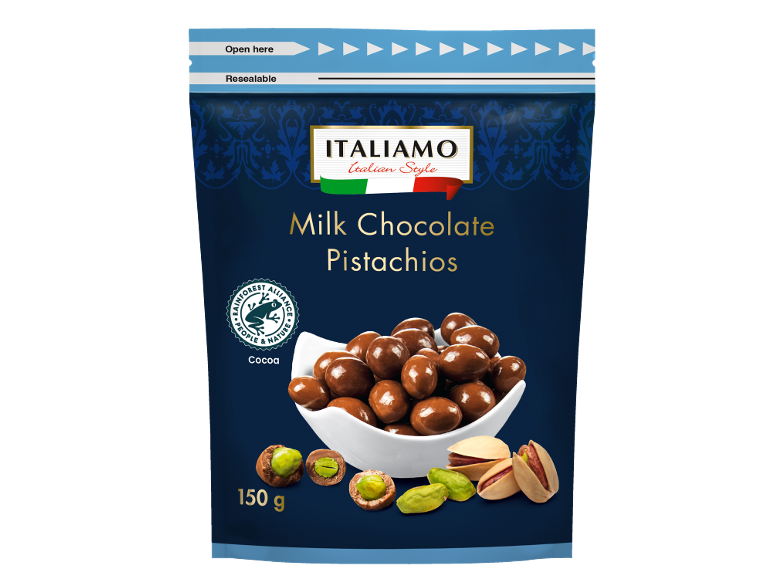 Pakke mælkechokolade pistacienødder med Rainforest Alliance-certificering, 150 g.