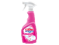 Pink pletfjerner spray med teksten ”Multi-active power, powerful against stubborn stains”.