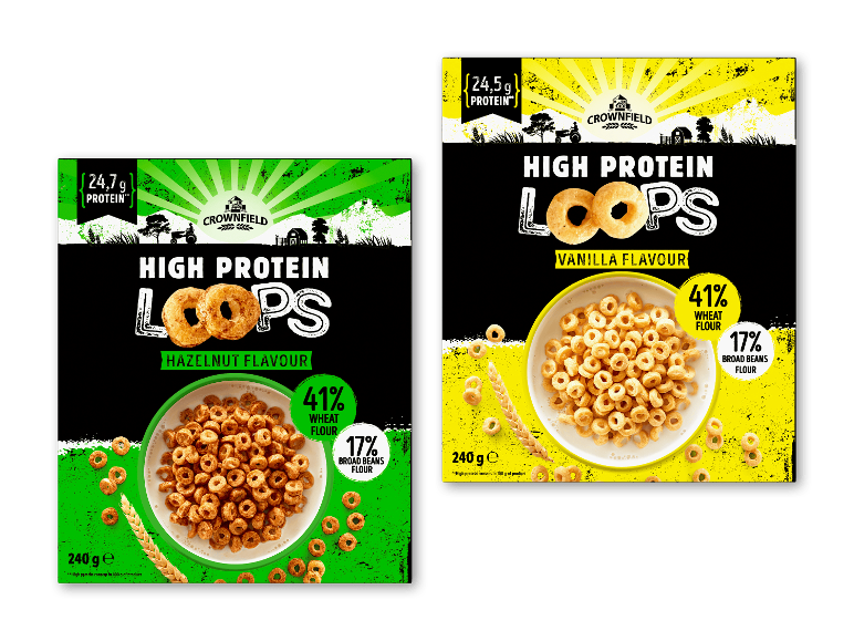 To pakker proteinrige morgenmadsprodukter, hasselnød og vanilje, med proteinindhold og melprocenter.