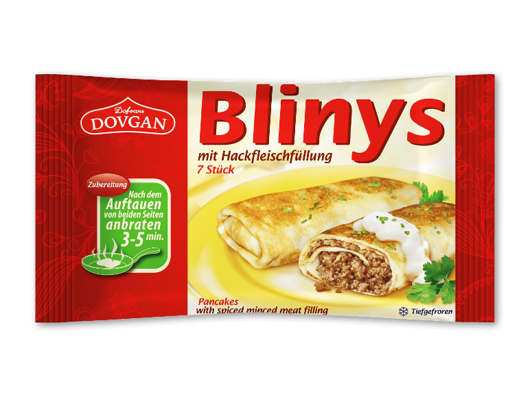Blinis med krydret hakket kød, 7 stk., med tilberedningsvejledning og teksten 'Tiefgefroren' (frosne).