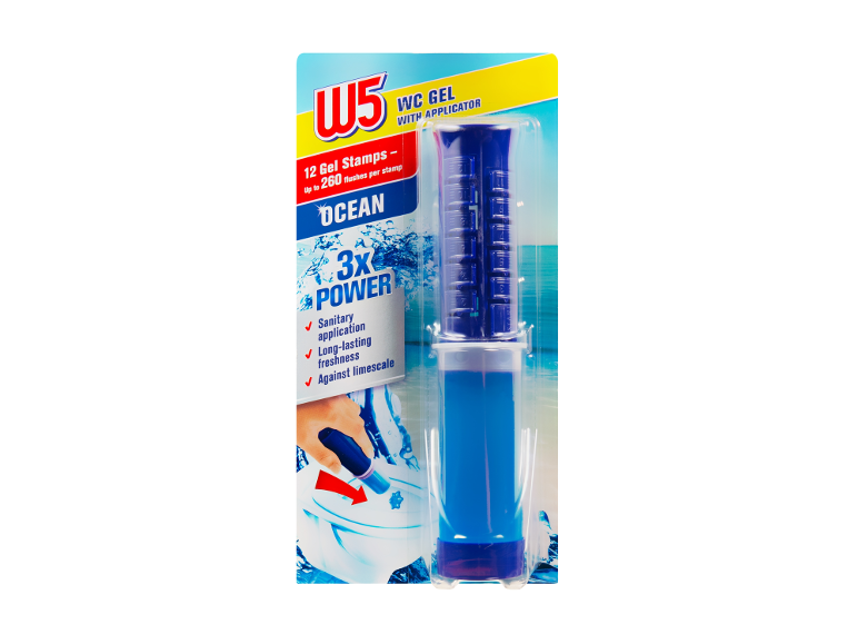 WC-gel med applikator, 12 gelstempler til op til 260 skyl, Ocean-duft, 3x kraft.