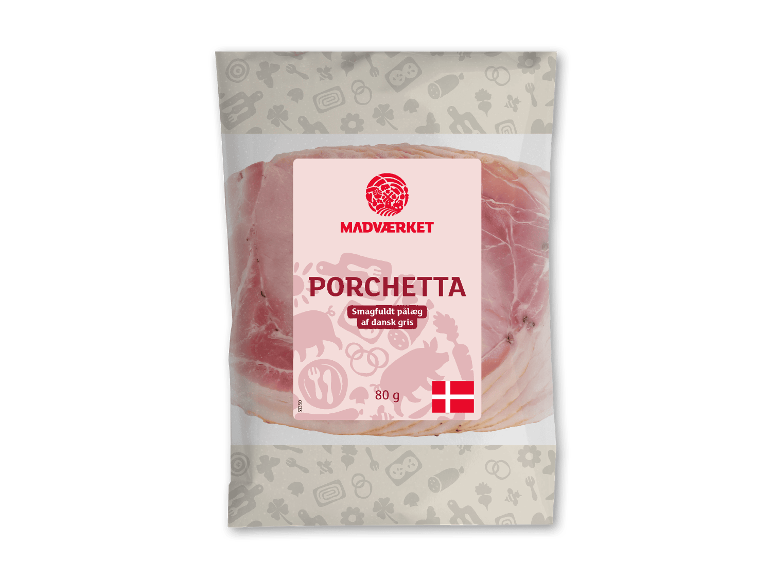 MADVÆRKET Porchetta, 80 g, pakket skiveskåret kød med dansk flag.