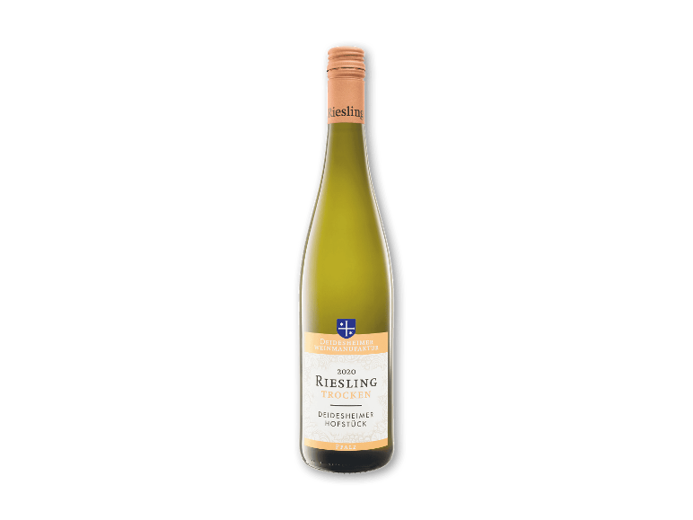 En flaske Riesling Trocken hvidvin fra 2020.