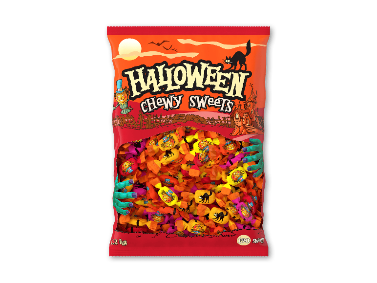 Pose med Halloween-tyggebolcher på 1,2 kg med 190 stykker slik.