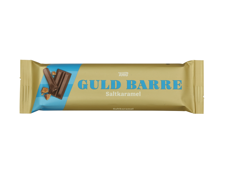 Chokoladebar med saltkaramel på hvid baggrund.