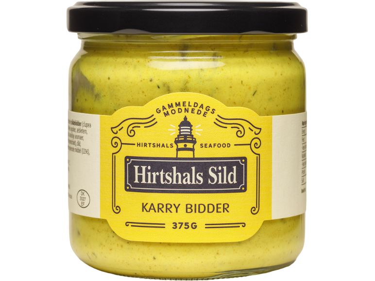 Glas med karrysildfileter (Karry Bidder) fra Hirtshals Sild, 375g.