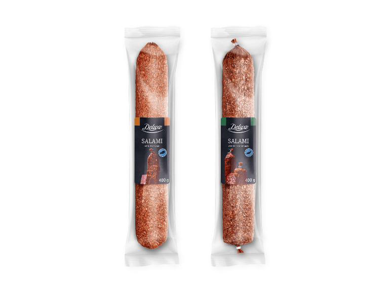 Kuljanka Deluxe salami med vildsvin samt med svinekød og dyrevildt i 400 g pakning.