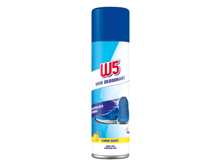 Skodeodorantspray med citronsduft, neutraliserer lugt, ideel til hverdagsbrug.