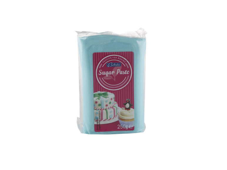 Lyseblå sukkerpasta til bagning, 250g, med eksempler på kage- og cupcake-dekoration.