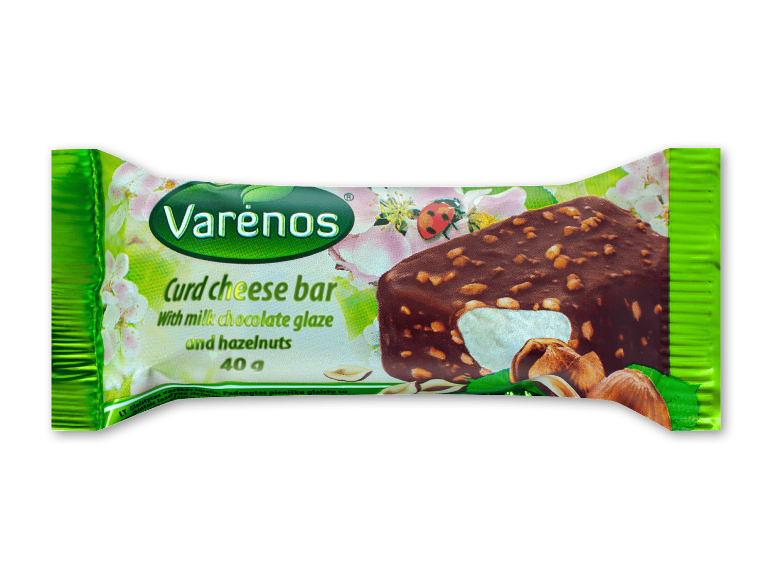 Hytteostbar med mælkechokoladeglasur og hasselnødder, 40 g.
