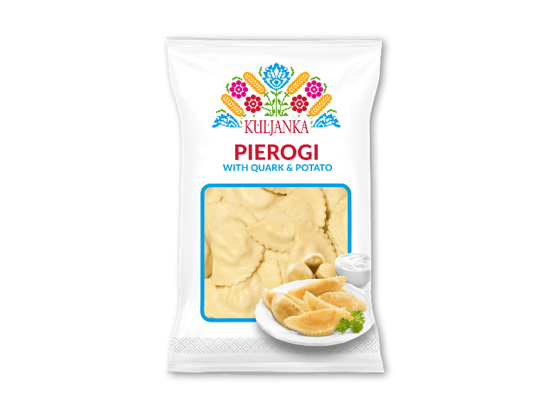 Kuljanka Pierogi med kvark og kartoffel i hvid emballage med folkemønster.