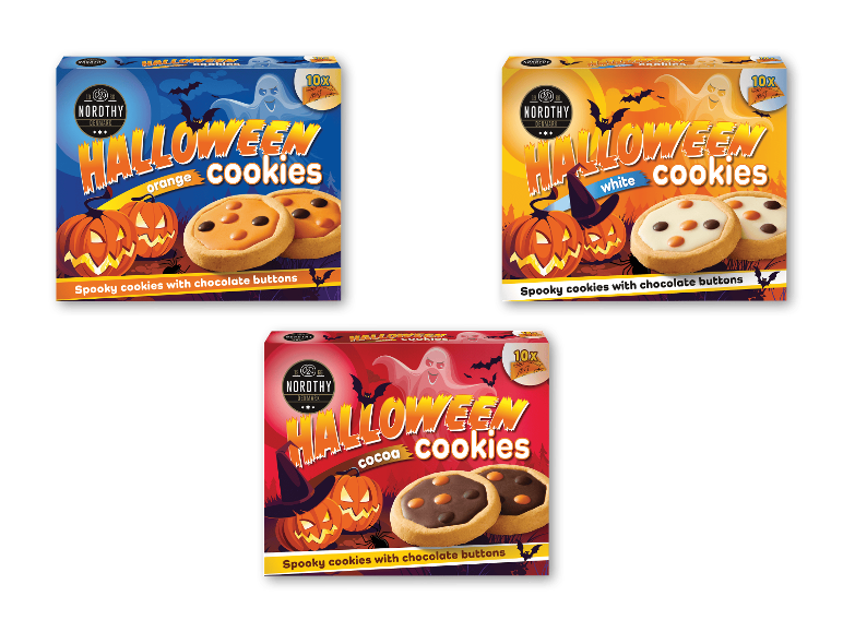 Tre æsker Halloween-småkager med smag af appelsin, hvid chokolade og kakao.