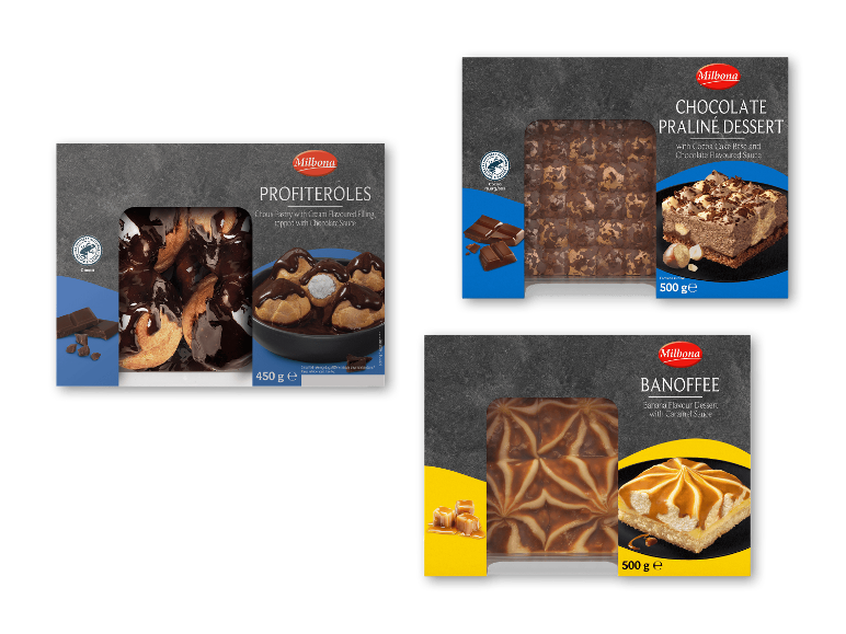 Milbona desserter: profiteroles, chokoladepraliné og banoffee.