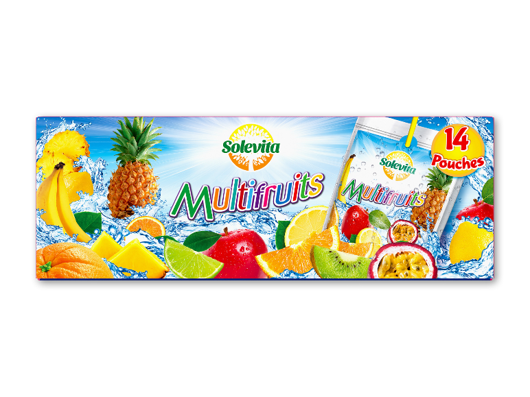 Multifrugtjuice med ananas, bananer, appelsiner, æbler, kiwier og passionsfrugt, 14 poser.