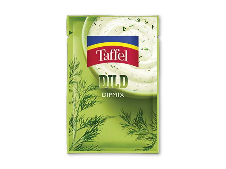 Grøn emballage med dild dipmix, med et billede af dip i en skål.