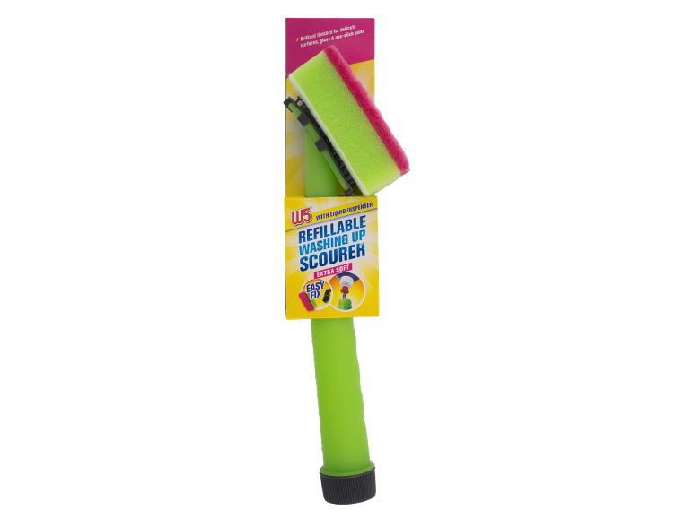 Genopfyldelig opvaskesvamp med flydende dispenser, ekstra blød til sarte overflader.