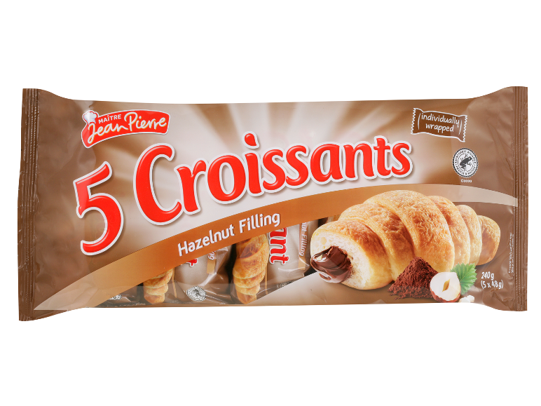 Pakke med 5 croissanter med hasselnøddefyld, individuelt indpakket.