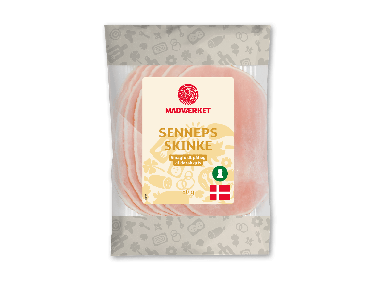 MADVÆRKET sennepsskinke, 80 g pakke med dansk flag.