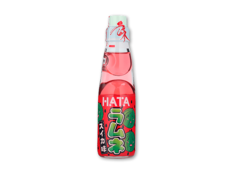 Flaske japansk limonade med vandmelonsmag og tegneserieetiket.