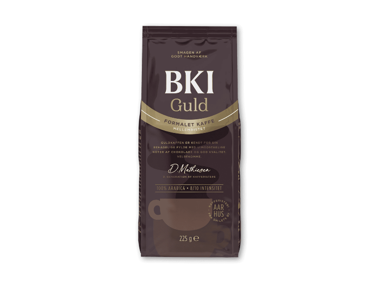 Formalet kaffe i brun emballage med gulddetaljer, 225 g