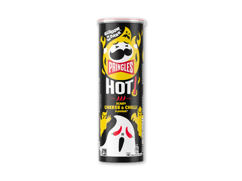 Pringles Hot Scary Cheese & Chilli chips i rør med Halloween-motiv.