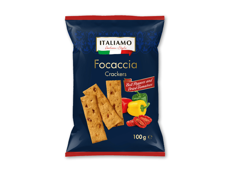 Focaccia kiks med peberfrugt og tørrede tomater i en mørkeblå pakke.