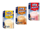Tre æsker med milkshake-pulver med smag af vanilje, karamel og jordbær.