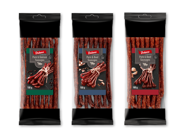Tre pakker lufttørrede pølser af svinekød, oksekød og vildt, 100 g hver.